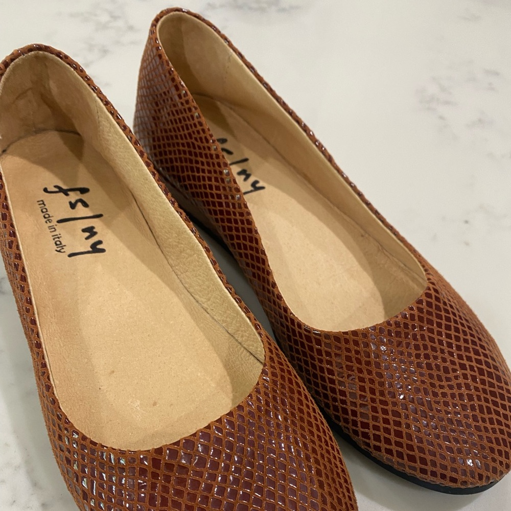 French Sole cognac leather snake flats 6.5